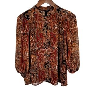 Sam & Jess Paisley Print Blouse Women's Small Long Sleeve‎ Semi Sheer